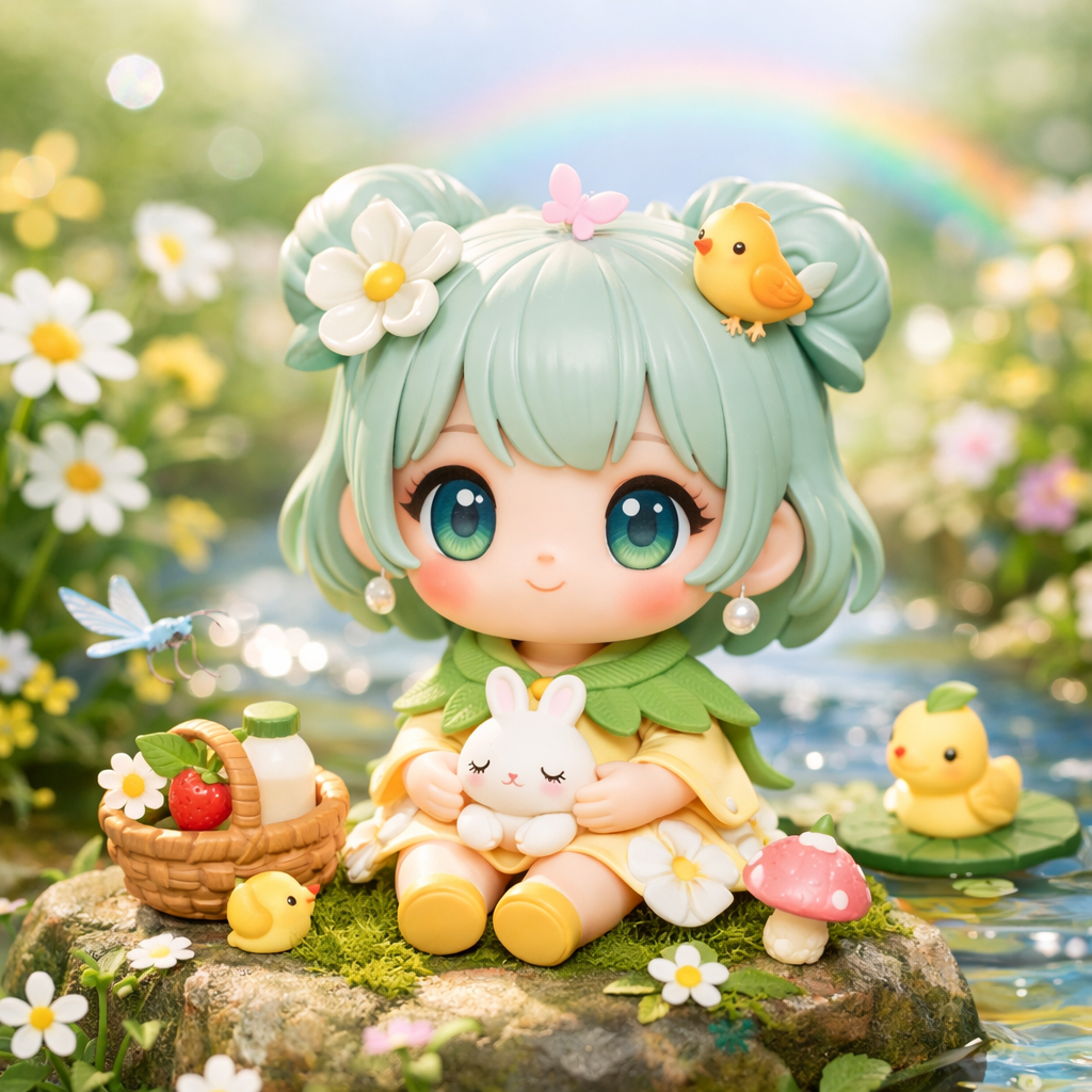 Mint Hair Flower Girl Collectible Doll — Rainbow Pond Scene