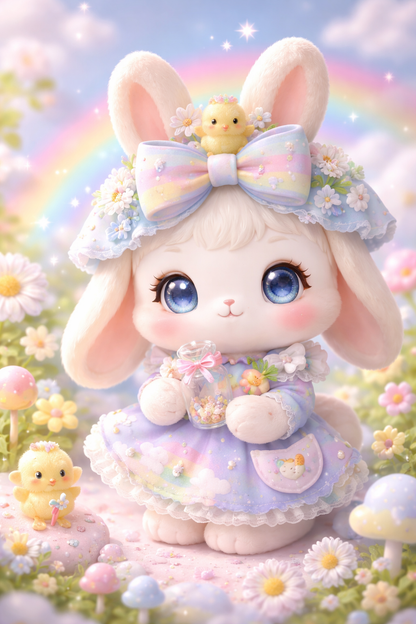 Happy Bunny Plush — Rainbow Bow & Daisy Dress Collectible
