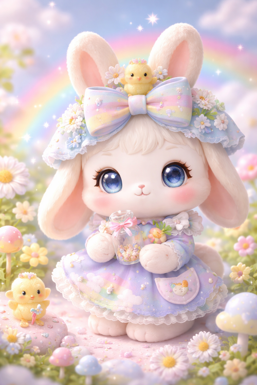 Happy Bunny Plush — Rainbow Bow & Daisy Dress Collectible