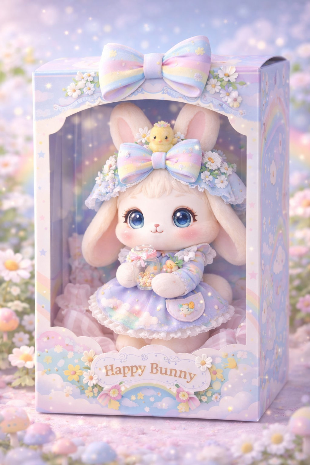 Happy Bunny Plush — Rainbow Bow & Daisy Dress Collectible