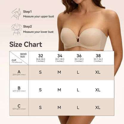 🎀 BQODQO® Invisible Lift Strapless Bra – Front-Closure Push-Up Support with Anti-Slip Grip