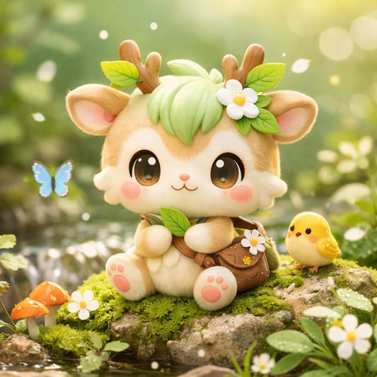 Sweet Deer Collectible Figure — Leaf Hair & Daisy Satchel