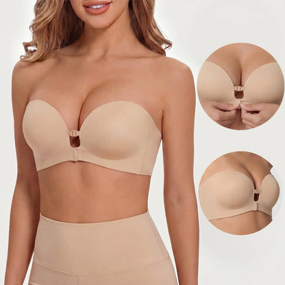🎀 BQODQO® Invisible Lift Strapless Bra – Front-Closure Push-Up Support with Anti-Slip Grip