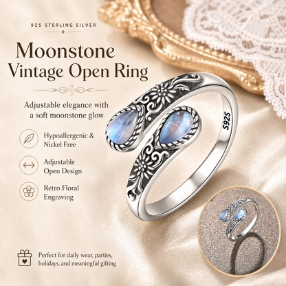 🌙 Moonstone Bloom Ring | Vintage Style • Adjustable Fit • Timeless Elegance