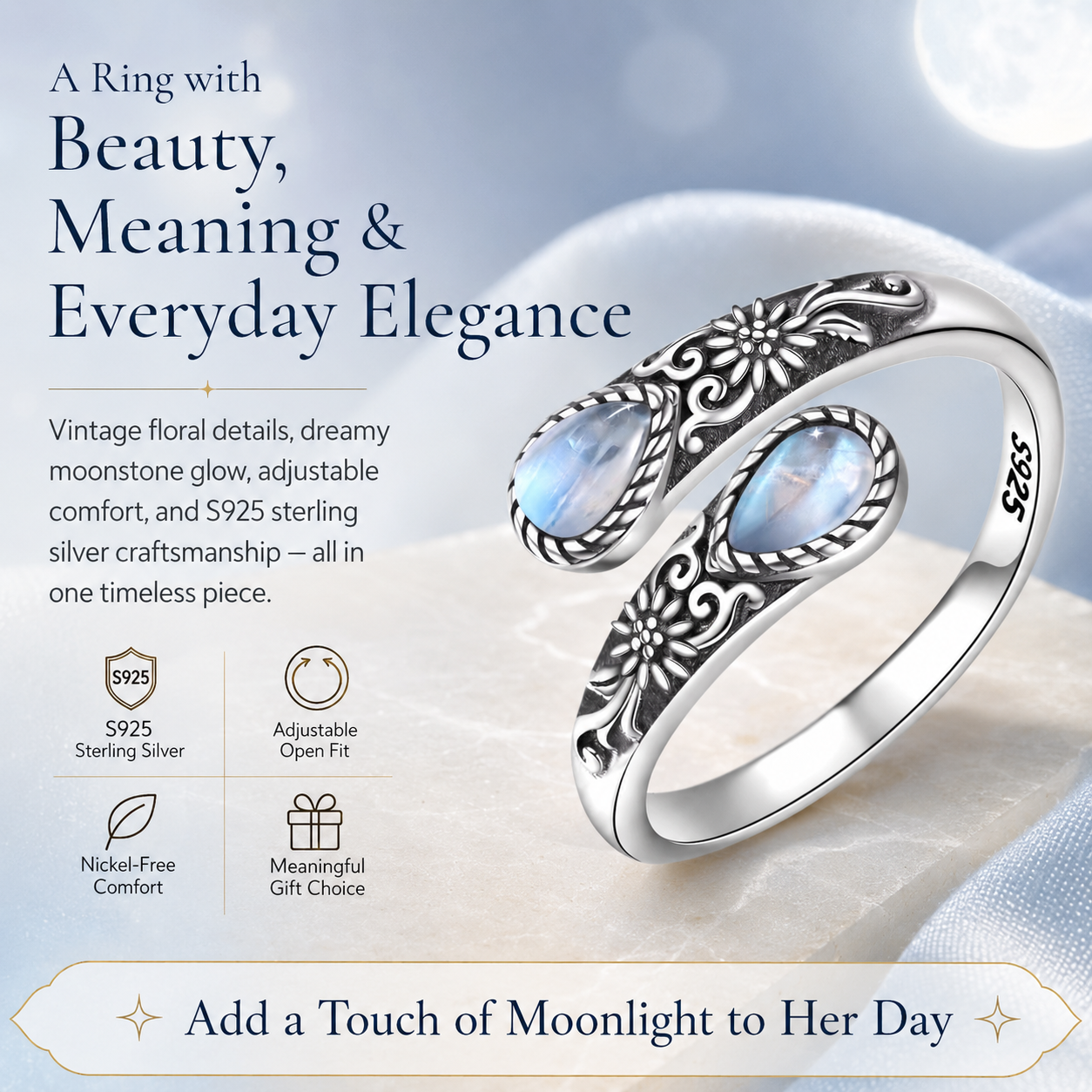 🌙 Moonstone Bloom Ring | Vintage Style • Adjustable Fit • Timeless Elegance