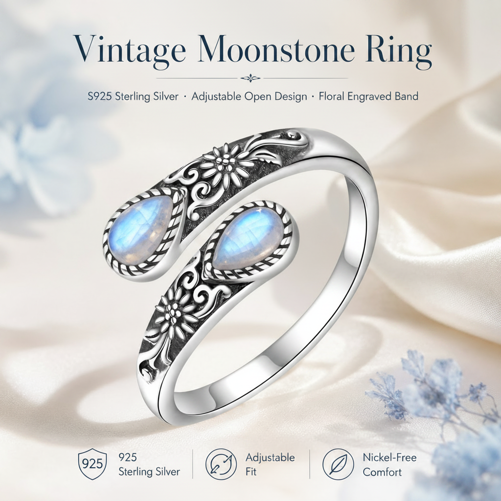 🌙 Moonstone Bloom Ring | Vintage Style • Adjustable Fit • Timeless Elegance