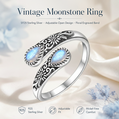 🌙 Moonstone Bloom Ring | Vintage Style • Adjustable Fit • Timeless Elegance