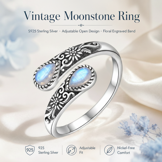 🌙 Moonstone Bloom Ring | Vintage Style • Adjustable Fit • Timeless Elegance