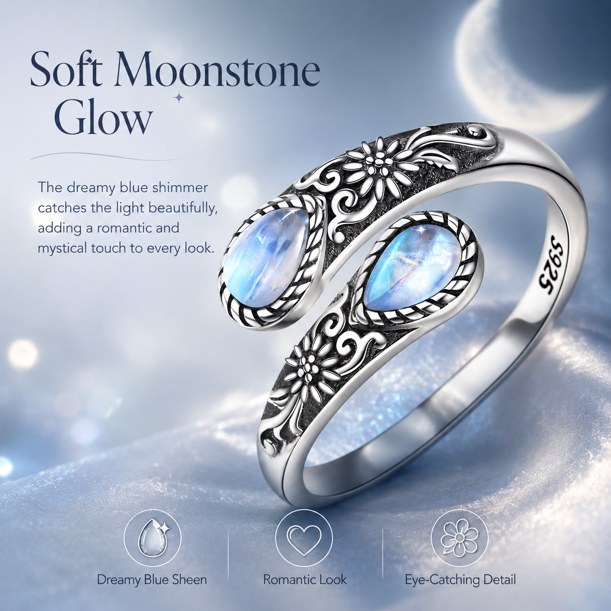 🌙 Moonstone Bloom Ring | Vintage Style • Adjustable Fit • Timeless Elegance