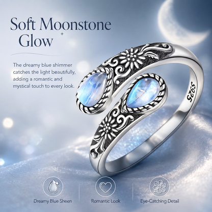 🌙 Moonstone Bloom Ring | Vintage Style • Adjustable Fit • Timeless Elegance