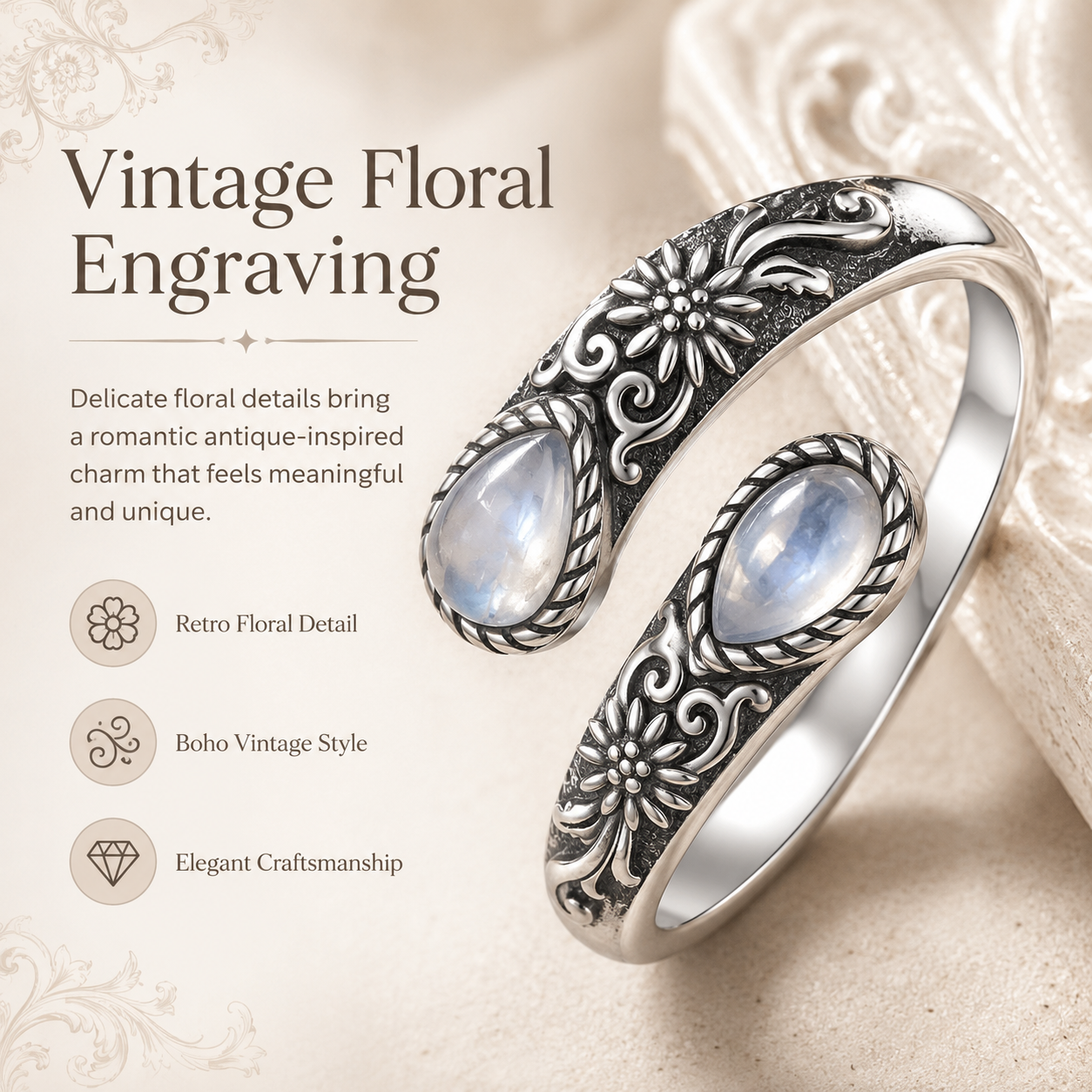 🌙 Moonstone Bloom Ring | Vintage Style • Adjustable Fit • Timeless Elegance
