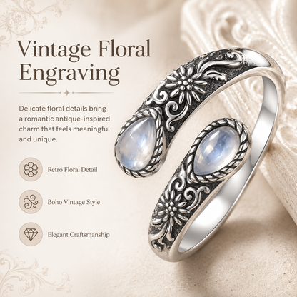 🌙 Moonstone Bloom Ring | Vintage Style • Adjustable Fit • Timeless Elegance