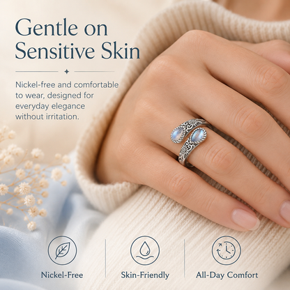 🌙 Moonstone Bloom Ring | Vintage Style • Adjustable Fit • Timeless Elegance
