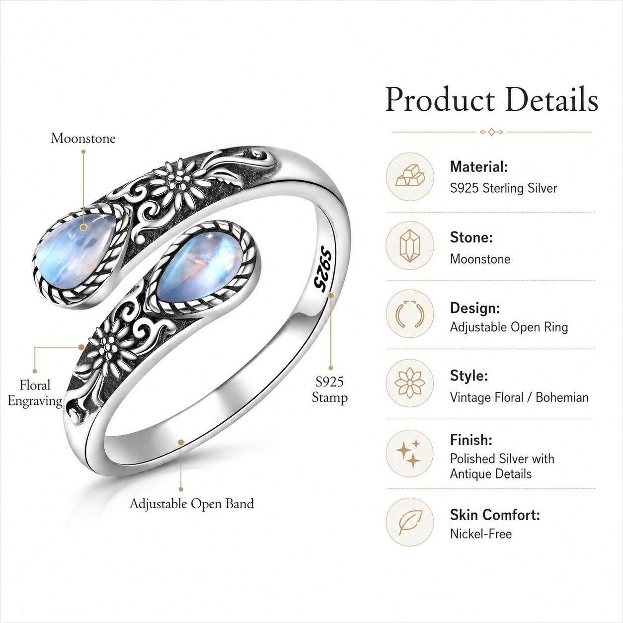 🌙 Moonstone Bloom Ring | Vintage Style • Adjustable Fit • Timeless Elegance