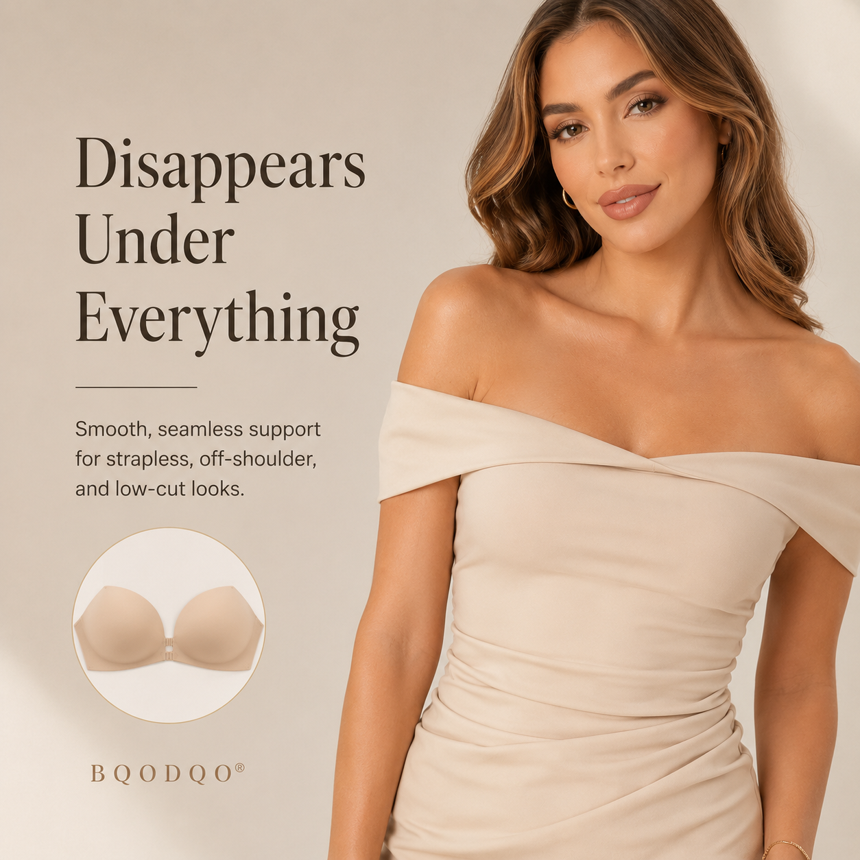 🎀 BQODQO® Invisible Lift Strapless Bra – Front-Closure Push-Up Support with Anti-Slip Grip