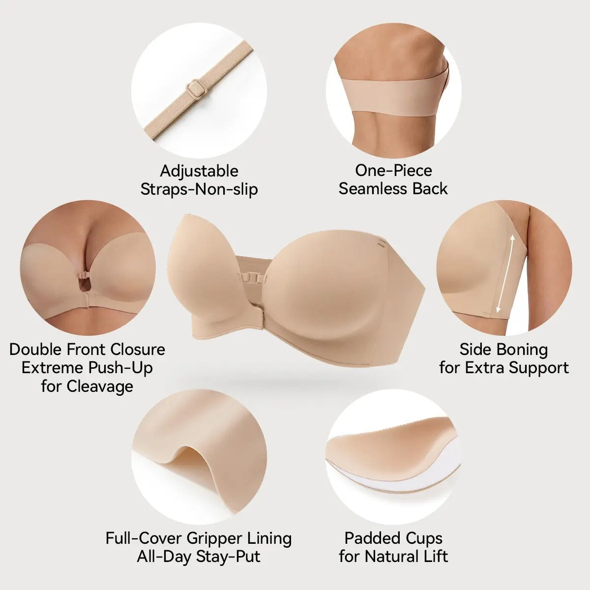 🎀 BQODQO® Invisible Lift Strapless Bra – Front-Closure Push-Up Support with Anti-Slip Grip