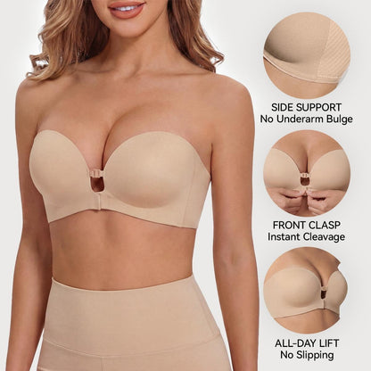 🎀 BQODQO® Invisible Lift Strapless Bra – Front-Closure Push-Up Support with Anti-Slip Grip