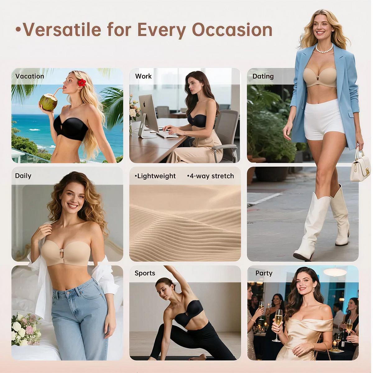 🎀 BQODQO® Invisible Lift Strapless Bra – Front-Closure Push-Up Support with Anti-Slip Grip