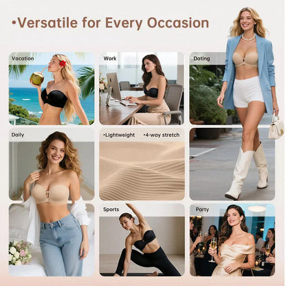 🎀 BQODQO® Invisible Lift Strapless Bra – Front-Closure Push-Up Support with Anti-Slip Grip