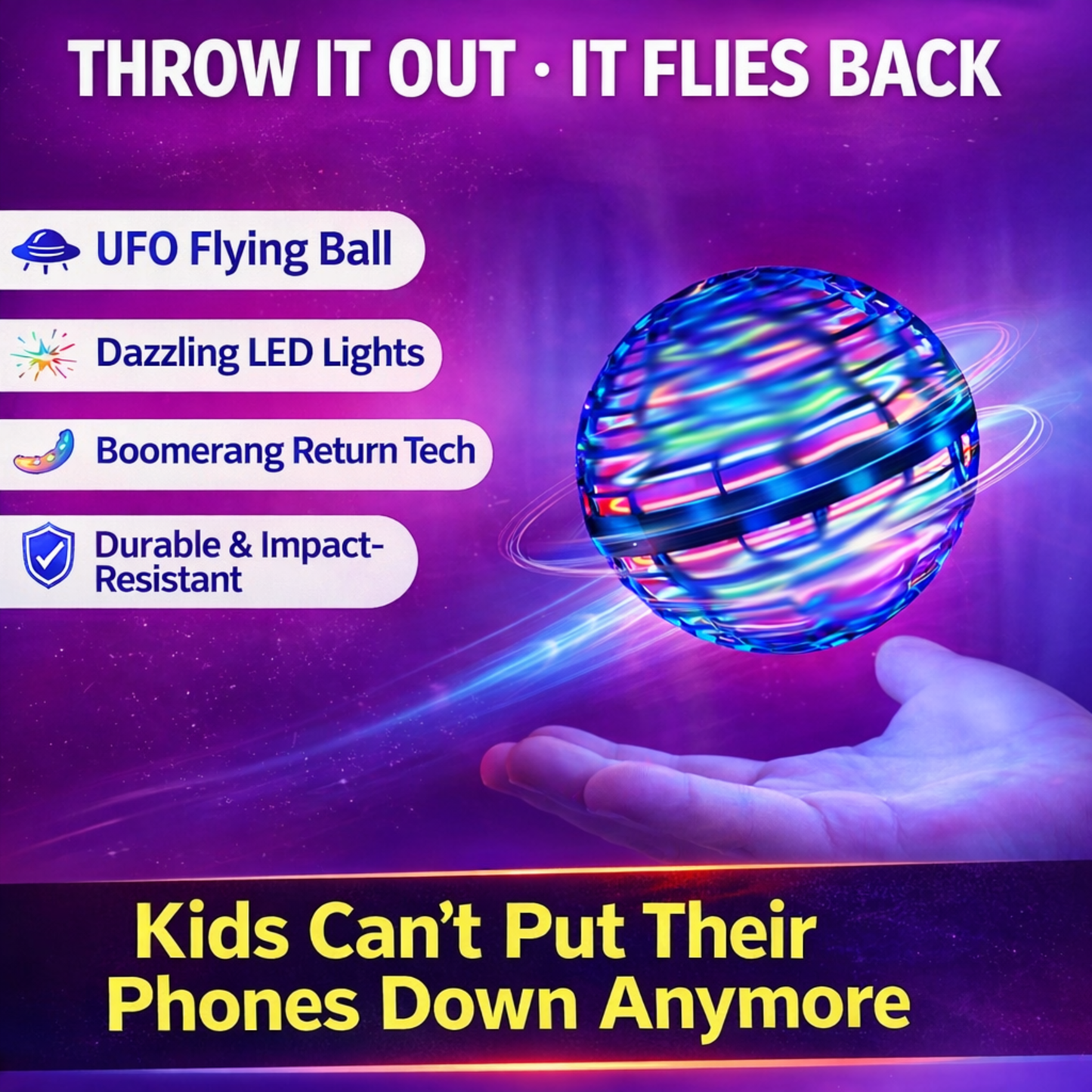 🌏  Flying Boomerang 𝐔𝐅𝐎 Spinner – Hand-Controlled 360° LED Hover Ball